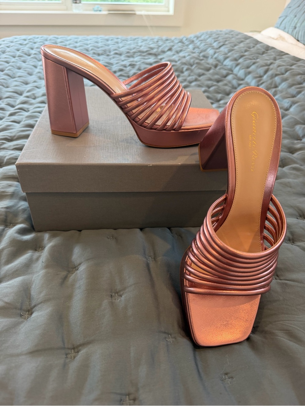 Gianvito Rossi Rose Metallic Multi-Strap Block Heel Mule